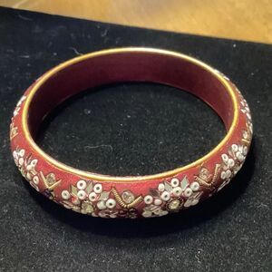 Wine Colored Inlay Beaded Bangle Bracelet